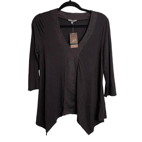 Adrianna Pappell Black Embroidered Stretch V Neck 3/4 Sleeve Top Medium NWT - Picture 1 of 7